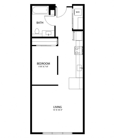 A floor plan of a small apartment with a bedroom, bathroom, and living room.
